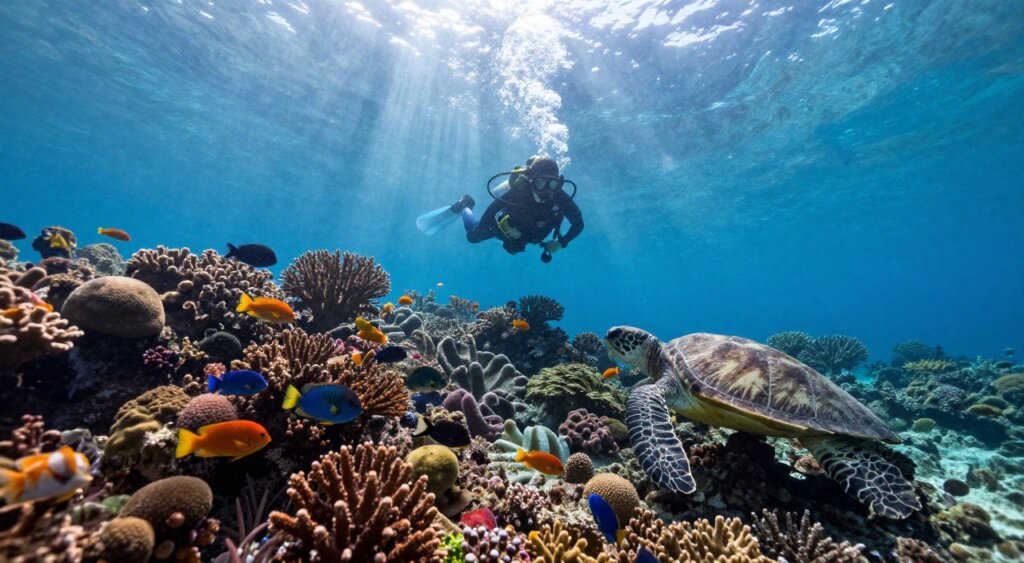 A stunning underwater scene depicting the diving conditions in Raja Ampat throughout the year. In the foreground, a diverse coral reef teems with vibrant marine life, including colorful fish and graceful sea turtles swimming gracefully among the corals. The middle layer showcases a diver in professional diving gear, capturing the essence of exploration and adventure, framed by the abundant underwater flora. The background reveals a sun-drenched surface, with rays of sunlight penetrating the water, illuminating the scene and creating a serene atmosphere. The overall mood reflects tranquility and exhilaration, ideal for showcasing the pristine underwater world of Raja Ampat. Use a wide-angle lens for an immersive perspective and ensure the lighting is soft yet vibrant, highlighting the beauty of the marine ecosystem.