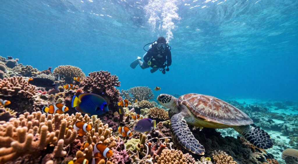 A stunning underwater scene in Lombok, showcasing the vibrant marine life of the Coral Triangle. In the foreground, a colorful array of coral reefs teeming with fish such as clownfish, parrotfish, and butterflyfish, while sea turtles gracefully glide nearby. The middle ground reveals a diver exploring the corals, wearing modest scuba gear, capturing the essence of scuba diving. The background features a tranquil blue ocean, with soft rays of sunlight filtering through the water, creating a serene and inviting atmosphere. The focus should be sharp on the diver and corals, with a slightly wider angle to include the flourishing marine ecosystem. The overall mood conveys adventure, exploration, and the beauty of underwater life in Lombok. A stunning underwater scene in Lombok, showcasing the vibrant marine life of the Coral Triangle. In the foreground, a colorful array of coral reefs teeming with fish such as clownfish, parrotfish, and butterflyfish, while sea turtles gracefully glide nearby. The middle ground reveals a diver exploring the corals, wearing modest scuba gear, capturing the essence of scuba diving. The background features a tranquil blue ocean, with soft rays of sunlight filtering through the water, creating a serene and inviting atmosphere. The focus should be sharp on the diver and corals, with a slightly wider angle to include the flourishing marine ecosystem. The overall mood conveys adventure, exploration, and the beauty of underwater life in Lombok.