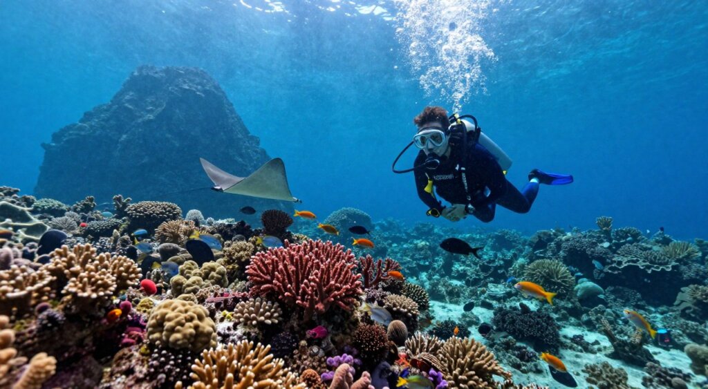 A stunning underwater scene in Raja Ampat, Indonesia, showcasing a diverse coral reef teeming with vibrant marine life. In the foreground, a professional scuba diver in a wetsuit examines a colorful reef with a mixture of soft and hard corals, while a school of fish swims nearby. The middle ground features rays of sunlight filtering through the crystal-clear water, illuminating the diver and the surrounding underwater landscape. The background contains silhouettes of rocky islands peeking above the water surface, framed by an azure sky. The atmosphere is serene and inviting, evoking a sense of adventure and discovery. The image should capture the essence of diving experiences with a focus on professionalism and natural beauty, in high-resolution photography style. A stunning underwater scene in Raja Ampat, Indonesia, showcasing a diverse coral reef teeming with vibrant marine life. In the foreground, a professional scuba diver in a wetsuit examines a colorful reef with a mixture of soft and hard corals, while a school of fish swims nearby. The middle ground features rays of sunlight filtering through the crystal-clear water, illuminating the diver and the surrounding underwater landscape. The background contains silhouettes of rocky islands peeking above the water surface, framed by an azure sky. The atmosphere is serene and inviting, evoking a sense of adventure and discovery. The image should capture the essence of diving experiences with a focus on professionalism and natural beauty, in high-resolution photography style.