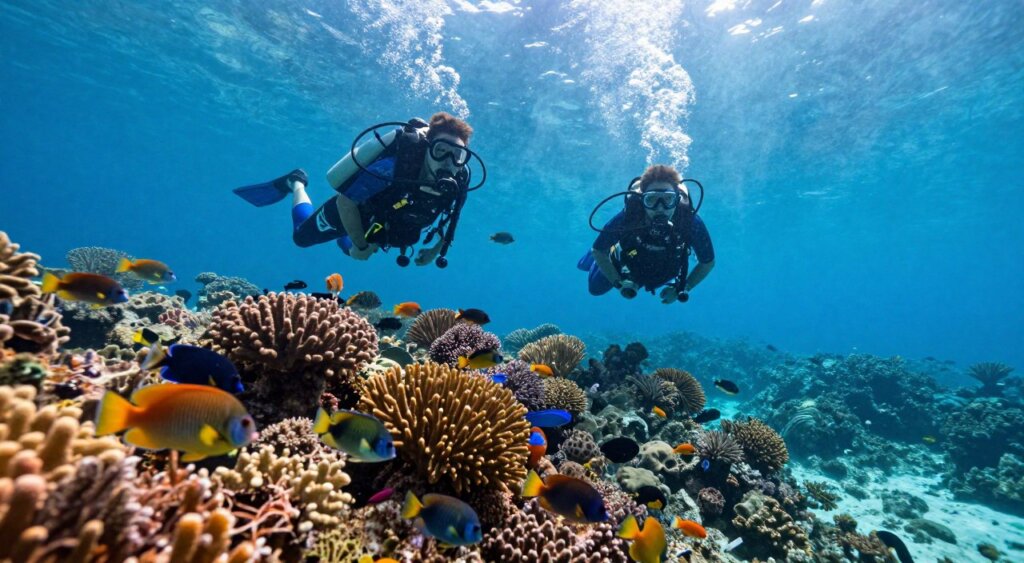 A stunning underwater scene in Raja Ampat during the best diving conditions, showcasing crystal-clear visibility. In the foreground, vibrant coral reefs teem with colorful tropical fish, captured in high detail. The middle ground features divers in professional diving gear, exploring the reef; their expressions of wonder and awe are evident. The background reveals a sunlit underwater landscape, with rays of sunlight filtering through the water, creating a mesmerizing blue gradient. The image is framed to emphasize depth, with a wide-angle perspective that highlights both the richness of marine life and the expansive beauty of the underwater environment. The overall mood is serene and inviting, conveying the thrill of discovery and the breathtaking clarity of Raja Ampat's underwater paradise.
