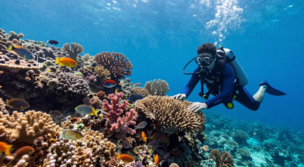 A stunning underwater scene in Raja Ampat, showcasing vibrant coral reefs teeming with diverse marine life to highlight conservation efforts. In the foreground, a scuba diver in professional attire examines the coral, gently touching a healthy section while avoiding bleached areas, emphasizing care and awareness. The middle ground reveals an array of colorful fish darting through intricate corals, including soft corals and sea fans, representing the rich biodiversity of this region. The background features expansive blue waters, illuminated by soft sunlight filtering down, creating an ethereal glow. The mood conveys hope and optimism for marine conservation, capturing the beauty and fragility of underwater ecosystems with clarity and detail, akin to National Geographic photojournalism. Aim for a wide-angle perspective, rich colors, and natural lighting to enhance the visual impact.