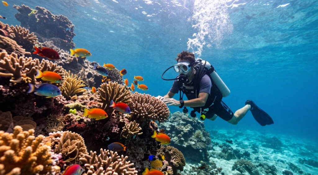 A stunning underwater scene showcasing Friwen Wall in Raja Ampat, focusing on its vibrant coral reefs and diverse marine life. In the foreground, a professional diver in a modest wetsuit examines the corals, equipped with diving gear. The middle ground features schools of colorful tropical fish swimming gracefully among the corals, displaying the rich biodiversity of the area. The background showcases the crystal-clear blue waters and stunning rock formations that define the region. Natural sunlight filters down from the surface, illuminating the scene with a warm, inviting glow. The image captures a sense of adventure and tranquility, embodying the essence of travel logistics for exploring this must-see dive site. The composition maintains a photographic realism, resembling a National Geographic quality shot, with a wide-angle lens perspective that emphasizes depth.