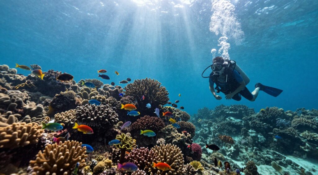A stunning underwater scene showcasing a diverse array of marine life and vibrant coral reefs in Amed, Bali. In the foreground, a scuba diver in modest, professional diving attire is exploring the coral formations, with bubbles rising around them. The middle section features schools of colorful fish gracefully swimming through the corals, creating a lively and dynamic environment. The background reveals sun rays filtering down from the surface, illuminating the underwater landscape with a serene, ethereal light. The overall mood is tranquil and adventurous, inviting the viewer to experience the beauty and excitement of scuba diving. The angle is slightly tilted upward, emphasizing the depth and richness of the underwater world. Ideal for capturing the essence of Amed Bali's diving excursions.