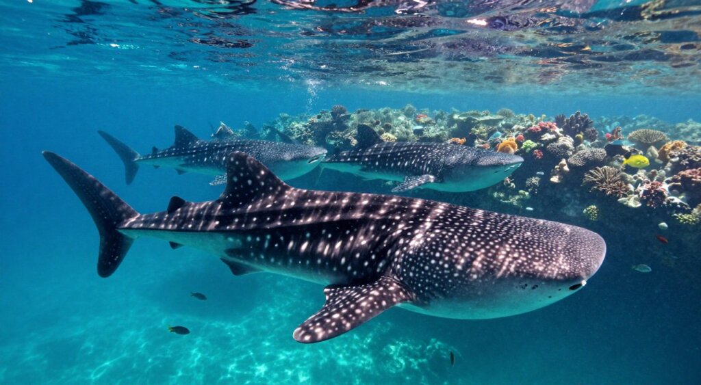 A stunning underwater scene showcasing a migrating school of whale sharks in the clear, turquoise waters of Indonesia. In the foreground, a massive whale shark glides gracefully, its textured skin glimmering in the sunlight filtering from above. Surrounding it, smaller fish swim alongside, creating a lively environment. The middle ground highlights multiple whale sharks swimming in formation, their large mouths open, filter-feeding amongst the coral reefs. The background reveals a vibrant reef bustling with marine life, colorful coral formations, and beams of sunshine piercing through the water's surface, creating a serene and tranquil atmosphere. The image should embody a sense of wonder and awe, captured in a wide-angle lens at a slight upward angle, simulating a view from a diver beneath the surface, emphasizing the grandeur of these gentle giants in their natural habitat.