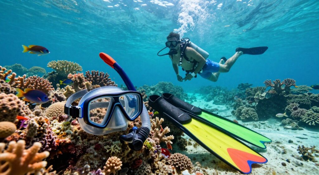 A stunning underwater scene showcasing essential freediving gear in Raja Ampat. In the foreground, a high-quality mask and snorkel rest on a bright coral reef, with fins placed beside them, highlighting their vibrant colors. The middle ground features a diver in modest casual attire, demonstrating proper technique while exploring the diverse marine life, including colorful fish and lively corals. The background captures the crystal-clear turquoise waters of Raja Ampat, dotted with lush green islands under soft sunlight filtering through the surface, creating a serene and inviting atmosphere. The image should be composed with a slight upward angle to emphasize the diver’s interaction with the underwater world, conveying a sense of adventure and tranquility. A stunning underwater scene showcasing essential freediving gear in Raja Ampat. In the foreground, a high-quality mask and snorkel rest on a bright coral reef, with fins placed beside them, highlighting their vibrant colors. The middle ground features a diver in modest casual attire, demonstrating proper technique while exploring the diverse marine life, including colorful fish and lively corals. The background captures the crystal-clear turquoise waters of Raja Ampat, dotted with lush green islands under soft sunlight filtering through the surface, creating a serene and inviting atmosphere. The image should be composed with a slight upward angle to emphasize the diver’s interaction with the underwater world, conveying a sense of adventure and tranquility.