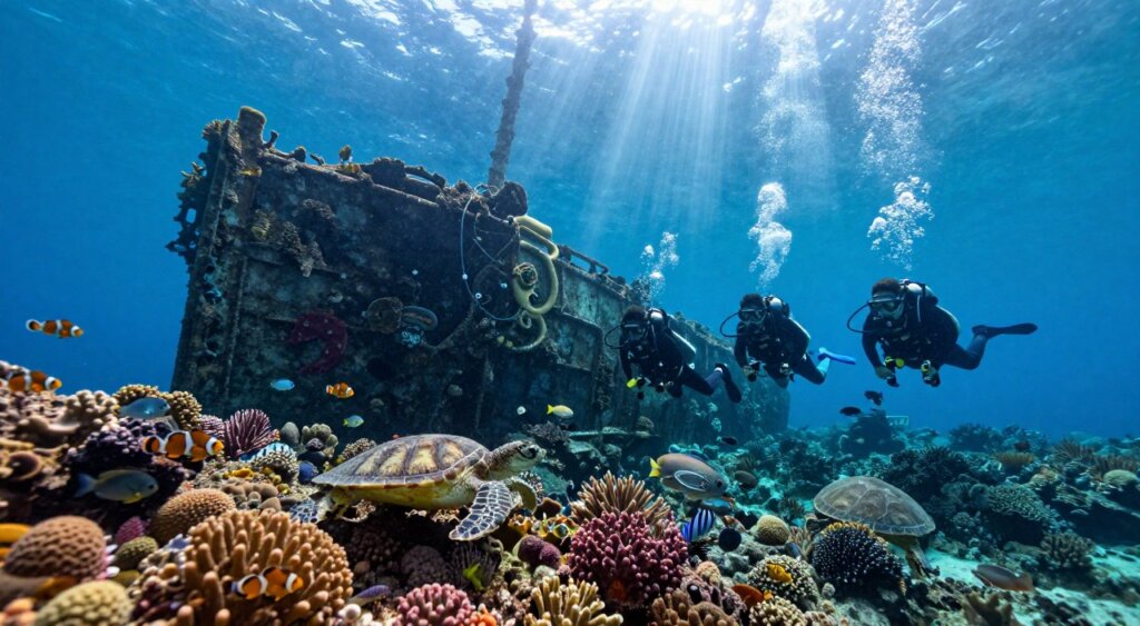 A stunning underwater scene showcasing the best scuba diving sites in Amed, Bali. In the foreground, a group of divers in professional dive gear explore a vibrant coral reef teeming with colorful aquatic life, including clownfish, sea turtles, and schools of tropical fish. The middle layer features a sunken shipwreck covered in coral, serving as a habitat for various marine species. In the background, ethereal rays of sunlight penetrate the clear blue water, creating a serene and inviting atmosphere. The composition is shot with a wide-angle lens, capturing the expansive beauty of the dive site from a slightly elevated angle. The image embodies a sense of adventure, tranquility, and the breathtaking natural wonders of Amed's underwater ecosystem, with a crystal-clear focus and vibrant colors.