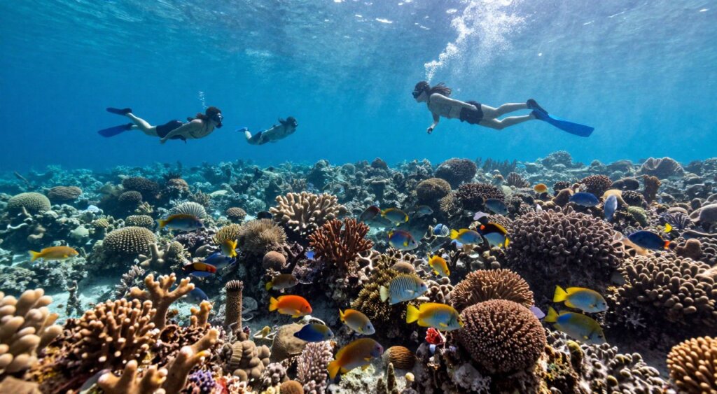 A stunning underwater scene showcasing the vibrant marine biodiversity of Raja Ampat, featuring a diverse array of coral reefs, colorful fish, and unique marine species. In the foreground, a group of professional freedivers in modest casual clothing gracefully exploring the reefs, capturing the essence of adventure and discovery. The middle layer highlights schools of fish moving elegantly around soft corals, with some species exhibiting bright colors and intricate patterns. The background reveals the crystal-clear blue waters of the tropical ocean, with sun rays filtering down to illuminate the underwater landscape. The overall atmosphere is serene and tranquil, evoking a sense of wonder and appreciation for nature's beauty, inspired by National Geographic photojournalism style. Bright, natural lighting enhances the vivid colors, and a wide-angle lens captures the expansive scene. A stunning underwater scene showcasing the vibrant marine biodiversity of Raja Ampat, featuring a diverse array of coral reefs, colorful fish, and unique marine species. In the foreground, a group of professional freedivers in modest casual clothing gracefully exploring the reefs, capturing the essence of adventure and discovery. The middle layer highlights schools of fish moving elegantly around soft corals, with some species exhibiting bright colors and intricate patterns. The background reveals the crystal-clear blue waters of the tropical ocean, with sun rays filtering down to illuminate the underwater landscape. The overall atmosphere is serene and tranquil, evoking a sense of wonder and appreciation for nature's beauty, inspired by National Geographic photojournalism style. Bright, natural lighting enhances the vivid colors, and a wide-angle lens captures the expansive scene.