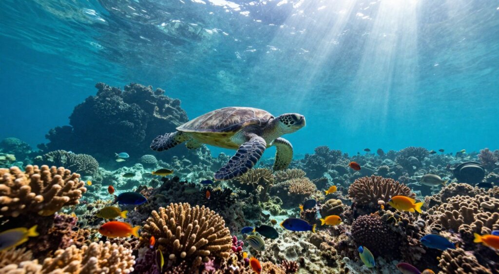 A stunning underwater scene showcasing the vibrant marine life of Raja Ampat, featuring a diverse coral reef in the foreground teeming with colorful fish. In the middle ground, a graceful sea turtle glides effortlessly through the clear, azure waters, while schools of tropical fish dart playfully around coral formations. The background is filled with majestic underwater rock structures and soft rays of sunlight filtering through the water, illuminating the scene with a tranquil glow. The atmosphere is serene and enchanting, inviting viewers to immerse themselves in the underwater wonders of this tropical paradise. Capture this moment with a wide-angle lens to emphasize the depth and beauty of the marine ecosystem, enhancing the feeling of exploration and discovery. A stunning underwater scene showcasing the vibrant marine life of Raja Ampat, featuring a diverse coral reef in the foreground teeming with colorful fish. In the middle ground, a graceful sea turtle glides effortlessly through the clear, azure waters, while schools of tropical fish dart playfully around coral formations. The background is filled with majestic underwater rock structures and soft rays of sunlight filtering through the water, illuminating the scene with a tranquil glow. The atmosphere is serene and enchanting, inviting viewers to immerse themselves in the underwater wonders of this tropical paradise. Capture this moment with a wide-angle lens to emphasize the depth and beauty of the marine ecosystem, enhancing the feeling of exploration and discovery.