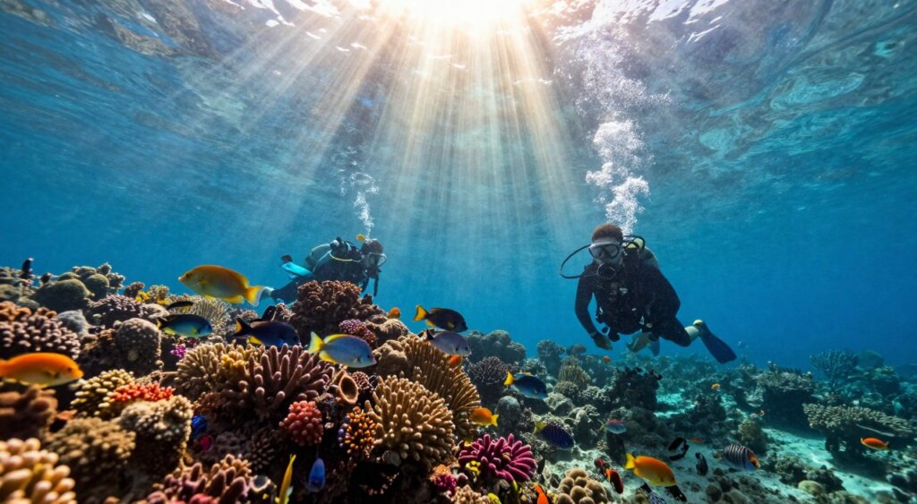 A stunning underwater scene showcasing the vibrant marine life of the Gili Islands during a scuba diving adventure. In the foreground, a diver in a wetsuit explores colorful coral reefs, highlighted by golden rays of sunlight filtering through the surface water. Nearby, tropical fish of various species swim gracefully, adding pops of color to the scene. In the middle ground, additional divers can be seen interacting with schools of fish, capturing the excitement and beauty of the underwater world. The background features a blurred silhouette of a distant island, accentuating the clear blue waters and creating a serene atmosphere. The image is shot with a wide-angle lens, enhancing the depth and detail, evoking a sense of wonder and adventure in this pristine diving paradise.