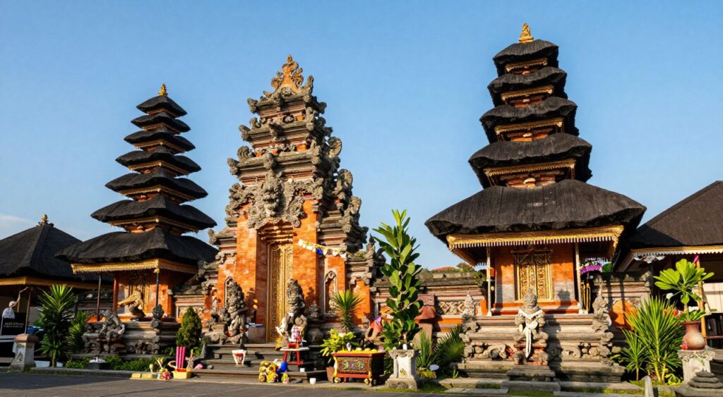 A stunning, vibrant image showcasing the most famous temples in Seminyak, Bali. In the foreground, capture intricate stone carvings and lush greenery surrounding the temple entrances, with traditional Balinese offerings placed carefully at the base. The middle ground features two majestic temples with tiered roofs, adorned with colorful banners and delicate sculptures. In the background, a clear blue sky enhances the scene, with soft, golden sunlight illuminating the temple structures, casting gentle shadows on the ground. The atmosphere should convey serenity and spiritual vibrancy, inviting viewers to appreciate the beauty of Balinese architecture and culture. Use a wide-angle lens to emphasize the grandeur of the temples, aiming for a balanced composition that draws the eye through the image, evoking a sense of peace and reverence. A stunning, vibrant image showcasing the most famous temples in Seminyak, Bali. In the foreground, capture intricate stone carvings and lush greenery surrounding the temple entrances, with traditional Balinese offerings placed carefully at the base. The middle ground features two majestic temples with tiered roofs, adorned with colorful banners and delicate sculptures. In the background, a clear blue sky enhances the scene, with soft, golden sunlight illuminating the temple structures, casting gentle shadows on the ground. The atmosphere should convey serenity and spiritual vibrancy, inviting viewers to appreciate the beauty of Balinese architecture and culture. Use a wide-angle lens to emphasize the grandeur of the temples, aiming for a balanced composition that draws the eye through the image, evoking a sense of peace and reverence.