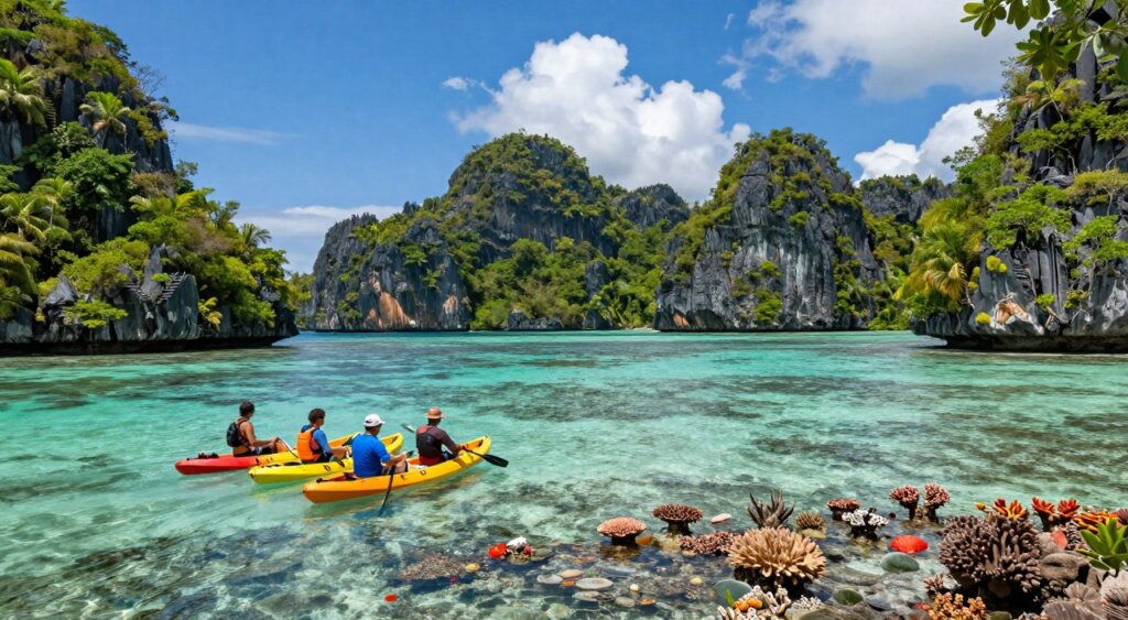 A stunning, vibrant scene depicting Raja Ampat in February, showcasing the tropical climate and activities of the region. In the foreground, a small group of tourists in modest casual clothing enjoy kayaking amidst crystal-clear turquoise waters dotted with lush green islands. Midground features colorful coral reefs bustling with marine life under soft sunlight filtering through the water. In the background, dramatic limestone cliffs rise majestically against a bright blue sky, with a few fluffy white clouds. The atmosphere is warm and inviting, capturing the essence of the dry season in Raja Ampat. The image should have a bright, natural lighting that enhances the vivid colors of both the landscape and the water. Use a wide-angle perspective to convey the expansive beauty of the scenery.