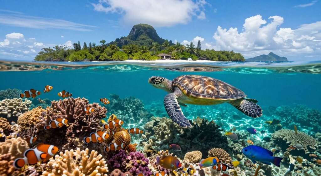 A stunning, vibrant underwater scene showcasing the rich wildlife and marine life unique to Raja Ampat, Indonesia. In the foreground, a diverse array of colorful coral reefs teeming with various fish species, including schools of clownfish and vibrant parrotfish. The middle ground features a majestic sea turtle gliding gracefully through the clear turquoise water, surrounded by the shimmering sunlight filtering down from above, creating a mesmerizing dappled effect. In the background, a panoramic view of lush tropical islands, with green mangroves and white sandy beaches, under a bright blue sky dotted with fluffy clouds. The atmosphere is peaceful and serene, evoking the beauty and tranquility of this remote paradise. The image is taken from a slightly angled perspective, capturing depth and detail, with high-resolution clarity akin to National Geographic photography.