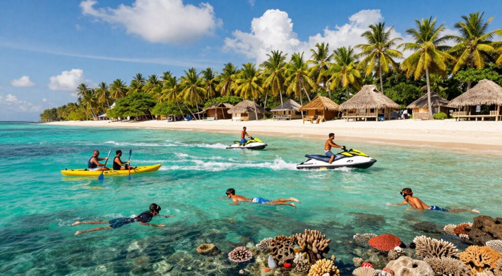 A stunning view of Gili Islands in Lombok, Indonesia, showcasing vibrant water sports activities. In the foreground, a group of tourists in modest casual attire enjoys snorkeling with colorful marine life and coral reefs. In the middle ground, kayakers paddle across the crystal-clear turquoise waters, while others engage in jet skiing, creating dynamic splashes. The background features lush green palm trees and traditional thatched-roof huts along the sandy beach, under a bright blue sky with a few fluffy clouds. The scene is bathed in warm, golden sunlight, emphasizing a cheerful, adventurous atmosphere. Capture this in a wide-angle lens for an immersive feel, reminiscent of National Geographic photojournalism quality. A stunning view of Gili Islands in Lombok, Indonesia, showcasing vibrant water sports activities. In the foreground, a group of tourists in modest casual attire enjoys snorkeling with colorful marine life and coral reefs. In the middle ground, kayakers paddle across the crystal-clear turquoise waters, while others engage in jet skiing, creating dynamic splashes. The background features lush green palm trees and traditional thatched-roof huts along the sandy beach, under a bright blue sky with a few fluffy clouds. The scene is bathed in warm, golden sunlight, emphasizing a cheerful, adventurous atmosphere. Capture this in a wide-angle lens for an immersive feel, reminiscent of National Geographic photojournalism quality.