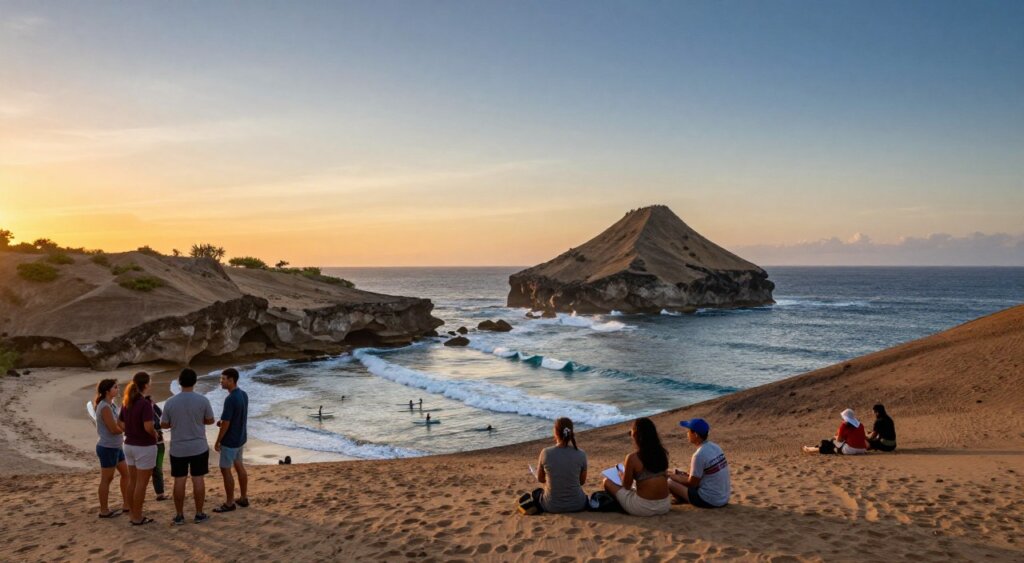 A stunning view of Lombok's Desert Point at sunset, showcasing responsible travel and eco-tourism. In the foreground, a small group of tourists in modest casual clothing observes the breathtaking landscape, actively engaged in conversation and taking notes on conservation efforts. The middle ground features the dramatic rocky coastline, with a few surfers riding the gentle waves, emphasizing the eco-friendly engagement with nature. In the background, the vast expanse of a clear sky transitions from golden orange to deep blue, symbolizing the harmony between adventure and environmental awareness. The scene is captured with warm lighting that enhances the serene atmosphere, using a wide-angle lens to encapsulate the beauty of this untouched paradise. Aim for a professional photojournalism style with vibrant colors, evoking a sense of awe and responsibility towards nature.