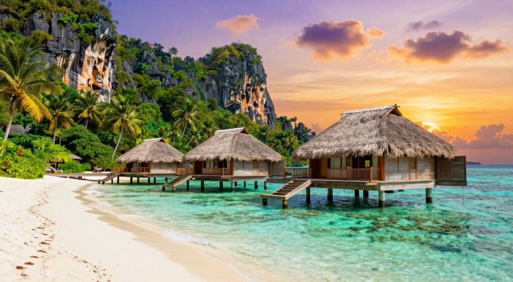 A stunning view of a luxury eco-resort nestled in the lush greenery of Raja Ampat, showcasing overwater bungalows made from natural materials, harmoniously blending with the environment. In the foreground, a pristine beach with soft white sand leads to crystal-clear turquoise waters. The middle ground features elegantly designed bungalows with thatched roofs and large windows, surrounded by tropical flora. The background reveals dramatic limestone cliffs and vibrant coral reefs beneath the clear water, while a breathtaking sunset paints the sky in hues of orange and purple. Captured with a wide-angle lens, the scene is bathed in warm golden light, evoking tranquility and eco-friendliness, appealing to nature lovers and discerning travelers seeking luxury in a pristine setting. A stunning view of a luxury eco-resort nestled in the lush greenery of Raja Ampat, showcasing overwater bungalows made from natural materials, harmoniously blending with the environment. In the foreground, a pristine beach with soft white sand leads to crystal-clear turquoise waters. The middle ground features elegantly designed bungalows with thatched roofs and large windows, surrounded by tropical flora. The background reveals dramatic limestone cliffs and vibrant coral reefs beneath the clear water, while a breathtaking sunset paints the sky in hues of orange and purple. Captured with a wide-angle lens, the scene is bathed in warm golden light, evoking tranquility and eco-friendliness, appealing to nature lovers and discerning travelers seeking luxury in a pristine setting.
