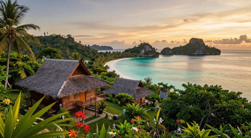 A stunning view of a traditional Raja Ampat homestay nestled among lush green tropical vegetation, with vibrant flowers in the foreground. The homestay features eco-friendly wooden architecture, blending harmoniously with the natural landscape. In the background, crystal-clear turquoise waters gently lap against a pristine white sandy beach, framed by rocky cliffs and small islands. The sky is painted with warm hues of sunset, casting soft golden light over the scene, creating a tranquil and inviting atmosphere. Capture this setting using a wide-angle lens to emphasize the expansive beauty, ideally from a slightly elevated perspective to showcase both the homestay and the stunning seascape, reflecting the natural splendor and serene vibe of Raja Ampat.