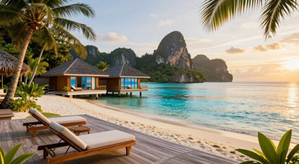 A stunning view of luxurious beachfront villas in Raja Ampat, surrounded by lush tropical vegetation. In the foreground, we see elegant wooden decks with comfortable lounge chairs facing the ocean. The middle ground features the modern villas with large windows reflecting the vibrant blues of the sea, built on stilts over crystal-clear water. The background showcases picturesque limestone islands rising majestically from the horizon, bathed in warm golden sunlight. The scene is illuminated by soft, diffused light during sunset, creating a serene and inviting atmosphere. Capture the tranquil vibe of an idyllic tropical getaway, focusing on the harmonious blend of luxury and nature, ideal for travelers seeking relaxation and adventure in this stunning location.