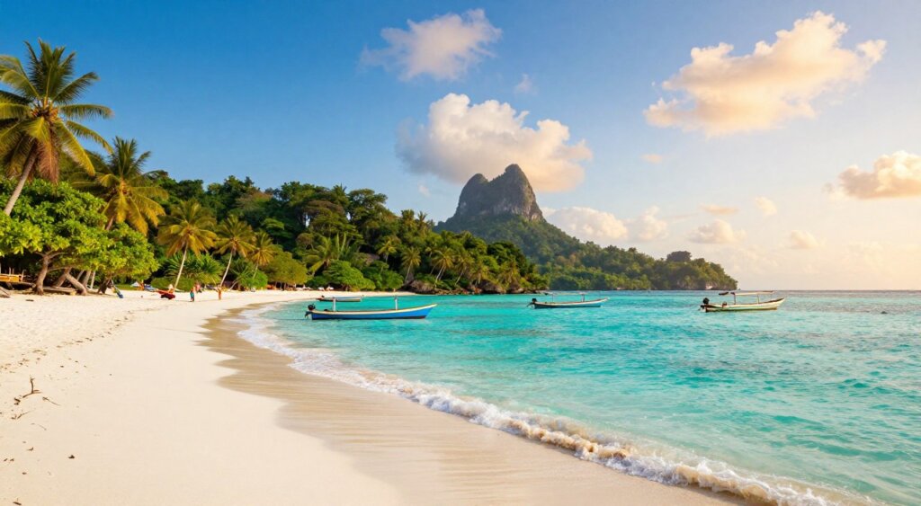 A stunning view of the Gili Islands in Indonesia, showcasing the vibrant turquoise waters and white sandy beaches. In the foreground, a serene beach with crystal-clear water gently lapping at the shore, dotted with colorful wooden fishing boats. In the middle, lush, tropical greenery on the islands, with palm trees swaying gently in the breeze. In the background, the dramatic silhouette of Lombok Island, framed by a clear blue sky and soft, fluffy clouds illuminated by warm sunlight near sunset. The atmosphere is tranquil and inviting, embracing the essence of island life. Captured with a wide-angle lens to emphasize the expansive beauty of the scene, the image should evoke a sense of exploration and serene escape, reminiscent of National Geographic's breathtaking travel photography. No people are present in the scene.