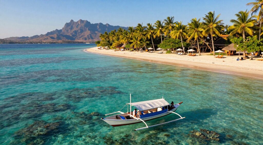 A stunning view of the Gili Islands, showcasing crystal-clear turquoise waters teeming with vibrant coral reefs, ideal for snorkeling. In the foreground, a traditional wooden boat gently floats, carrying tourists in modest casual attire, exploring the serene sea. The middle ground features lush palm trees and sandy beaches dotted with sun loungers and beach umbrellas, inviting relaxation. In the background, the picturesque silhouette of distant mountains under a clear blue sky hints at the beauty of Lombok. Warm, golden sunlight casts soft shadows, enhancing the tropical atmosphere. Capture this scene from a slight aerial angle to give a sense of depth and vastness, evoking a feeling of adventure and tranquility in nature. A stunning view of the Gili Islands, showcasing crystal-clear turquoise waters teeming with vibrant coral reefs, ideal for snorkeling. In the foreground, a traditional wooden boat gently floats, carrying tourists in modest casual attire, exploring the serene sea. The middle ground features lush palm trees and sandy beaches dotted with sun loungers and beach umbrellas, inviting relaxation. In the background, the picturesque silhouette of distant mountains under a clear blue sky hints at the beauty of Lombok. Warm, golden sunlight casts soft shadows, enhancing the tropical atmosphere. Capture this scene from a slight aerial angle to give a sense of depth and vastness, evoking a feeling of adventure and tranquility in nature.