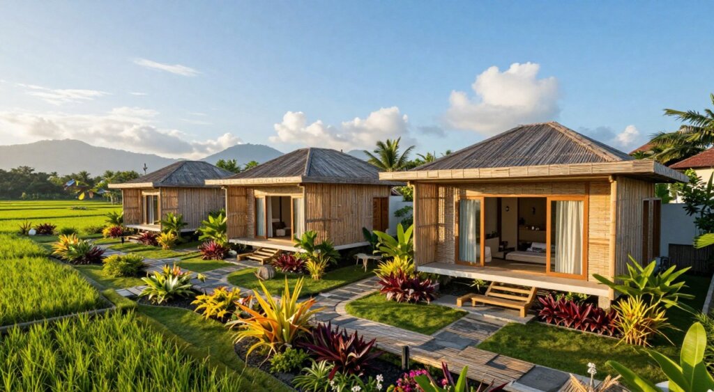A stunning villa development in Sanur, Bali, showcasing sustainable architecture. In the foreground, beautifully landscaped gardens with native flora, vibrant tropical plants, and pathways made of bamboo and stone. The middle ground features modern villas designed with eco-friendly materials, such as bamboo and reclaimed wood, featuring large windows that allow natural light to flood in. The background displays lush green rice paddies and distant mountains beneath a bright blue sky. The scene is illuminated by soft, warm sunlight during golden hour, casting gentle shadows and creating a tranquil atmosphere. Capture this image from a slightly elevated angle for a comprehensive view, evoking a sense of harmony between nature and modern living, embodying the essence of eco-tourism in Bali. A stunning villa development in Sanur, Bali, showcasing sustainable architecture. In the foreground, beautifully landscaped gardens with native flora, vibrant tropical plants, and pathways made of bamboo and stone. The middle ground features modern villas designed with eco-friendly materials, such as bamboo and reclaimed wood, featuring large windows that allow natural light to flood in. The background displays lush green rice paddies and distant mountains beneath a bright blue sky. The scene is illuminated by soft, warm sunlight during golden hour, casting gentle shadows and creating a tranquil atmosphere. Capture this image from a slightly elevated angle for a comprehensive view, evoking a sense of harmony between nature and modern living, embodying the essence of eco-tourism in Bali.