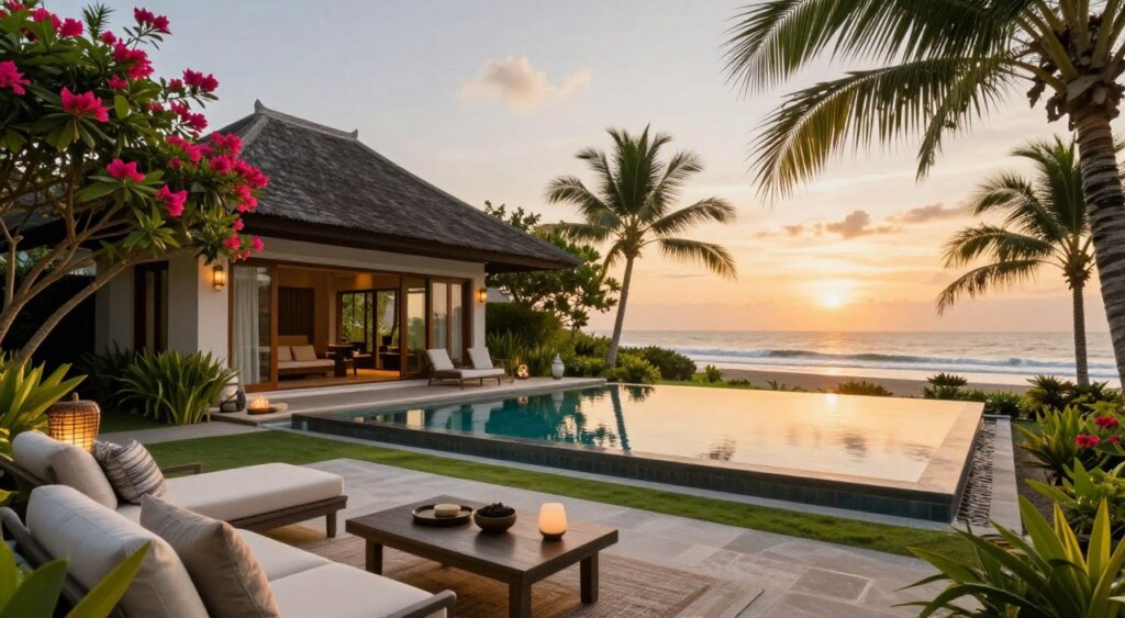 A stunning villa in Sanur, Bali during the golden hour, showcasing its elegant architecture surrounded by lush tropical gardens. In the foreground, a tasteful outdoor seating area with comfortable furniture and subtle decorative elements, inviting relaxation. In the middle ground, the villa's shimmering infinity pool reflects the warm colors of the sunset, framed by vibrant flowers and palm trees. In the background, gentle waves of the nearby beach add to the serene atmosphere. The scene is bathed in soft, natural light, enhancing the tranquil mood. The composition should feel inviting and warm, embodying the ideal seasonal destination for villa rentals in Bali, emphasizing outdoor living and the beauty of nature. A stunning villa in Sanur, Bali during the golden hour, showcasing its elegant architecture surrounded by lush tropical gardens. In the foreground, a tasteful outdoor seating area with comfortable furniture and subtle decorative elements, inviting relaxation. In the middle ground, the villa's shimmering infinity pool reflects the warm colors of the sunset, framed by vibrant flowers and palm trees. In the background, gentle waves of the nearby beach add to the serene atmosphere. The scene is bathed in soft, natural light, enhancing the tranquil mood. The composition should feel inviting and warm, embodying the ideal seasonal destination for villa rentals in Bali, emphasizing outdoor living and the beauty of nature.
