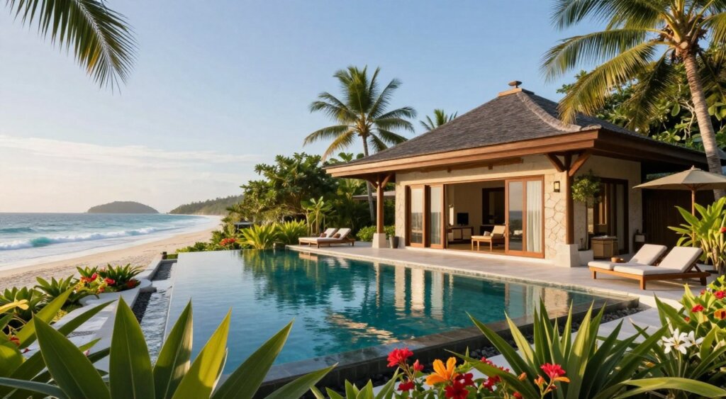 A stunning villa on Gili Trawangan, featuring a sparkling infinity pool surrounded by lush tropical gardens. In the foreground, tropical plants and vibrant flowers frame the pool, reflecting the pristine blue sky. The villa, characterized by modern Balinese architecture with natural wood and stone elements, sits in the middle ground, inviting and luxurious. Behind the villa, gentle waves lap at a serene beach, with distant islands visible on the horizon. Soft, golden sunlight casts warm shadows, creating a peaceful and inviting atmosphere. The composition uses a wide-angle lens to capture the expansiveness of the landscape, showcasing the villa’s amenities, including comfortable loungers by the pool, enhancing its allure for relaxation and leisure.