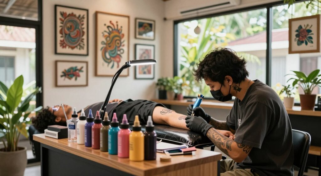 A stylish and trendy tattoo studio in Canggu, showcasing an inviting atmosphere. In the foreground, a well-designed tattoo station with quality tools and vibrant ink colors spread out, with a professional tattoo artist in casual yet polished attire working meticulously on a client’s arm. The middle ground features diverse artwork displayed on the walls, featuring intricate designs and various styles of tattoos. The background reveals large windows allowing natural light to flood the space, highlighting the contemporary decor, plants, and wooden accents that create a calming ambiance. The overall mood is artistic and relaxed, embodying the creative spirit of Canggu. The image should capture a warm, natural light effect resembling a late afternoon, with a slightly shallow depth of field to focus on the tattooing process.