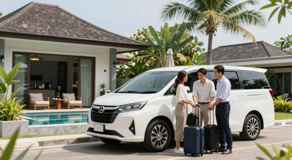 A stylish, professional airport transfer vehicle parked in front of a modern villa rental near Seminyak Square. In the foreground, a well-dressed driver is assisting a couple with their luggage, a welcome gesture that signifies comfort and luxury. The couple is wearing modest, casual clothing suitable for travel. In the middle ground, the sleek design of the villa is visible, featuring tropical palms and a luxurious pool area, creating an inviting atmosphere. In the background, the bustling Seminyak Square can be glimpsed, giving context to the location. Bright, natural lighting accentuates the scene, captured with a slightly blurred background to focus on the main subjects. The overall mood is relaxed and upscale, ideal for portraying transportation options for travelers seeking an exceptional experience.