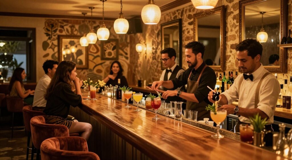 A stylish speakeasy bar in Seminyak, showcasing an inviting, dimly lit ambiance with warm, golden lighting. In the foreground, a polished oak bar top adorned with elegant cocktail glasses and fresh herbs. Bartenders in smart, casual attire expertly mixing colorful cocktails, exuding a friendly atmosphere. In the middle, patrons seated on plush velvet stools, engaged in lively conversation, with an artistic backdrop of vintage decor, including framed mirrors and exposed brick. The background features soft, glowing pendant lights hanging from a low ceiling, casting intricate shadows. The overall mood conveys a sense of sophistication and exclusivity, ideal for an immersive nightlife experience in Seminyak. Capture the scene using a shallow depth of field to emphasize the vibrant energy of the speakeasy.