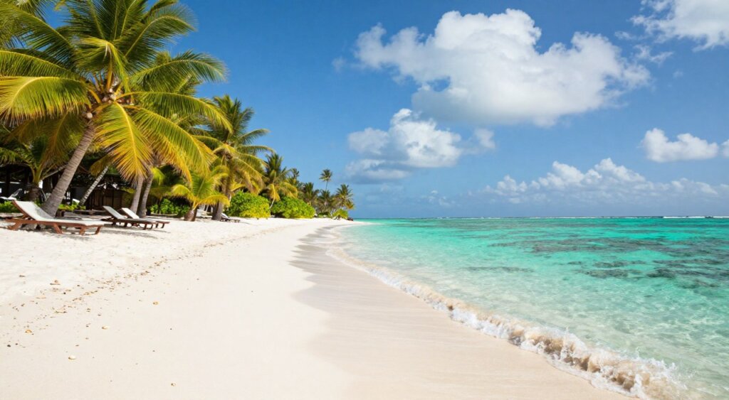 A sun-drenched beach scene on the Gili Islands during optimal visiting weather. In the foreground, vibrant white sand beaches with gentle waves lapping against the shore, scattered with seashells. Midground features lush palm trees swaying lightly in a warm tropical breeze, with inviting beach loungers nestled beneath. The background showcases crystal-clear turquoise waters surrounded by coral reefs, hinting at underwater life. Opt for a bright blue sky dotted with fluffy white clouds, suggesting a picturesque day. Soft sunlight bathes the scene, creating a warm and inviting atmosphere, evoking a sense of peace and relaxation. The composition should capture the idyllic essence of paradise with a focus on natural beauty and tranquility, in a photojournalism style akin to National Geographic quality.