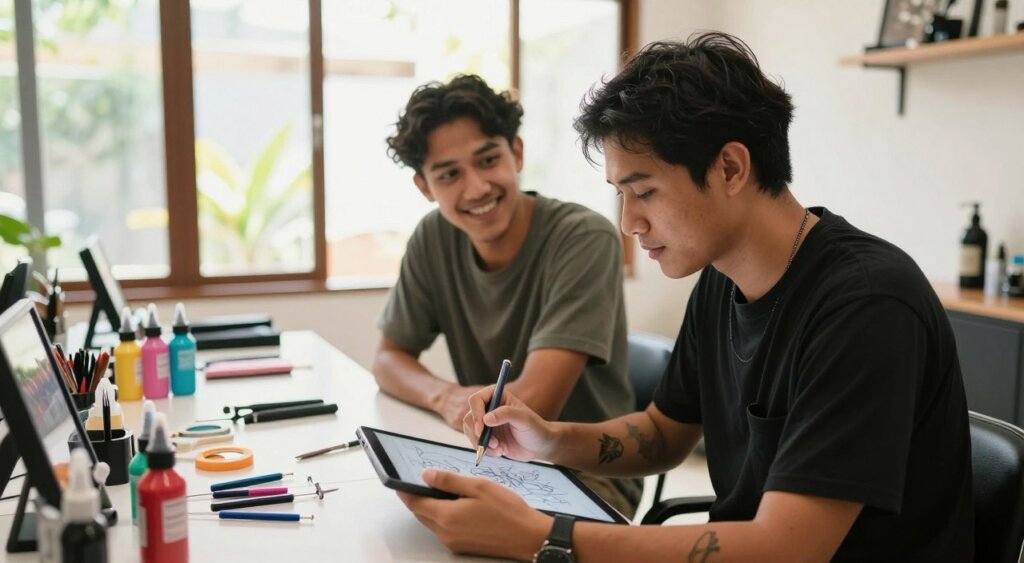 A tattoo consultation scene set in a modern Canggu studio, featuring a professional tattoo artist and a client engaged in a thoughtful discussion about a custom tattoo design. In the foreground, the tattoo artist, wearing a tidy black shirt and focused expression, is showing sketches on a tablet. The client, dressed in casual but modest clothing, appears intrigued and excited. The middle ground highlights tattoo equipment neatly arranged on a clean table, with colorful inks and various tools artfully arranged. In the background, large, bright windows let in warm natural light, creating a welcoming and relaxed ambiance. The overall mood is professional yet friendly, evoking a sense of creativity and collaboration in the tattooing process.