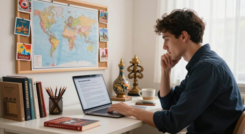 A thoughtful expat sitting at a well-organized desk, surrounded by various cultural artifacts and books about local customs, traditions, and languages. In the foreground, the expat, dressed in smart casual attire, focuses intently on a laptop screen displaying information about their new country. In the middle ground, a world map and colorful postcards are pinned to a corkboard, symbolizing exploration and cultural connection. In the background, soft, warm light filters through a window, creating a cozy atmosphere that invites learning and discovery. The room reflects an integration of cultures, blending elements from the expat's home country with those of the new culture, fostering a sense of belonging and curiosity. The overall mood is one of inspiration and engagement, highlighting the importance of staying informed during the cultural adaptation journey.
