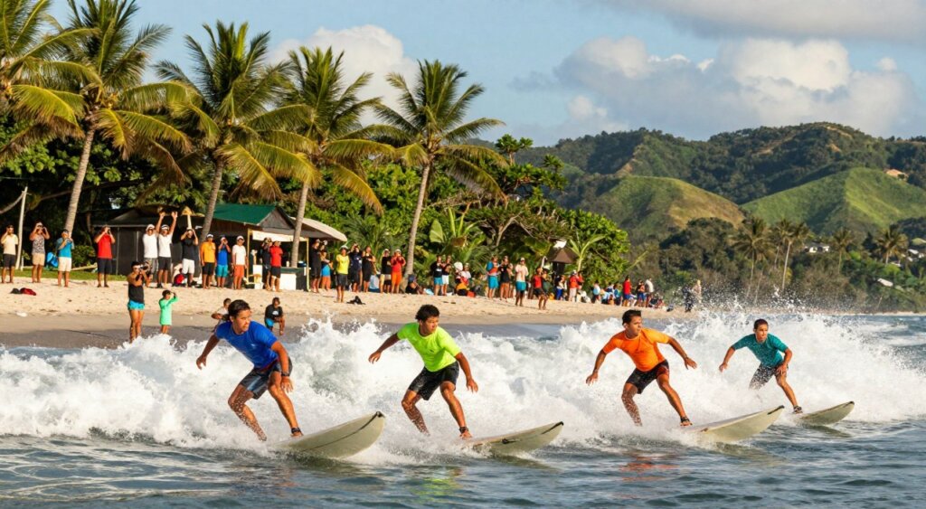 A thrilling Lombok surf competition unfolds in the foreground, showcasing skilled surfers maneuvering on powerful ocean waves. Each surfer, wearing modest, brightly colored rash guards and boardshorts, demonstrates impressive techniques as they navigate the waves. The middle ground features dozens of spectators on the sandy beach, cheering and capturing moments with their cameras. Palm trees sway gently, framing the scene, while welcoming sunlight casts a warm glow over the entire composition. In the background, lush green hills rise against a bright blue sky dotted with fluffy white clouds. The image conveys an energetic and vibrant atmosphere, embodying the spirit of camaraderie and competition unique to Lombok's surf culture. Photographed with a wide-angle lens, enhancing the dramatic perspective of the waves and capturing the essence of this local surf event.