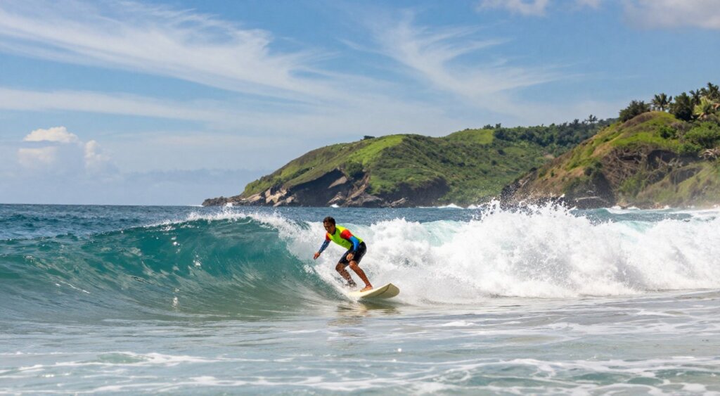 A thrilling scene of surfing at Ekas Beach in Lombok, Indonesia, showcasing a surfer riding a powerful wave. In the foreground, capture the dynamic action of the surfer in a brightly colored wetsuit, expertly balancing on the board. The middle ground features the cresting waves with shimmering water droplets sparkling in the sunlight, while in the background, the stunning coastline of Lombok is dotted with lush green hills under a bright blue sky filled with wispy clouds. The sunlight casts a warm glow, highlighting the vibrant colors of the ocean and the surrounding nature. Use a wide-angle lens to emphasize the expansive beauty of the surf and the beach, aiming for a mood of exhilaration and adventure, ideal for adventure seekers and nature enthusiasts. A thrilling scene of surfing at Ekas Beach in Lombok, Indonesia, showcasing a surfer riding a powerful wave. In the foreground, capture the dynamic action of the surfer in a brightly colored wetsuit, expertly balancing on the board. The middle ground features the cresting waves with shimmering water droplets sparkling in the sunlight, while in the background, the stunning coastline of Lombok is dotted with lush green hills under a bright blue sky filled with wispy clouds. The sunlight casts a warm glow, highlighting the vibrant colors of the ocean and the surrounding nature. Use a wide-angle lens to emphasize the expansive beauty of the surf and the beach, aiming for a mood of exhilaration and adventure, ideal for adventure seekers and nature enthusiasts.