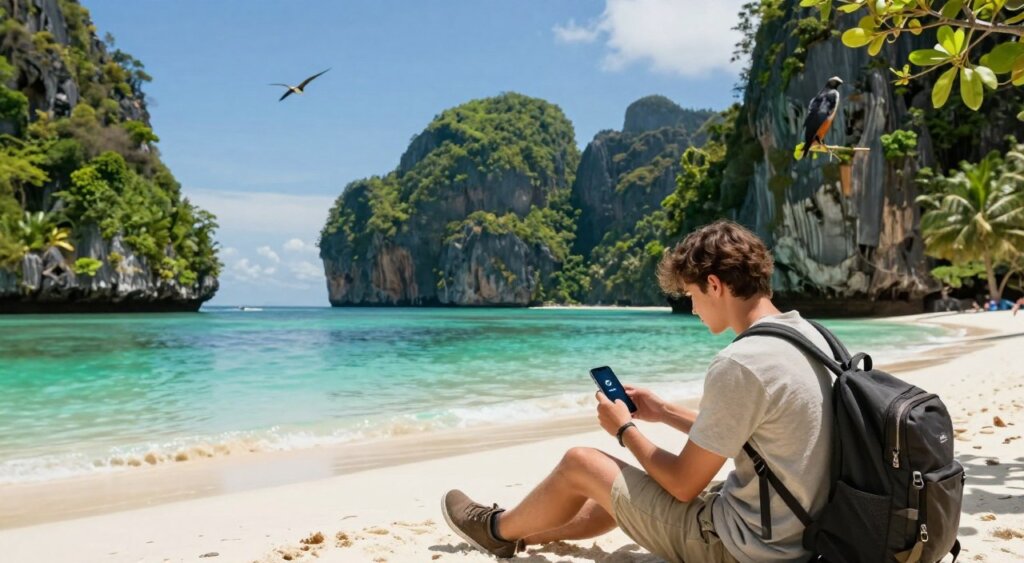 A tourist exploring the picturesque landscapes of Raja Ampat, Indonesia, utilizing an eSIM on their smartphone for seamless connectivity. In the foreground, a young traveler, dressed in casual yet modest clothing, focuses on their device while sitting on a vibrant, sandy beach. The middle ground reveals crystal-clear turquoise waters and rocky islets adorned with lush green foliage. In the background, towering limestone cliffs rise majestically against a clear blue sky, where rare birds can be seen soaring. Soft sunlight bathes the scene, casting gentle shadows and enhancing the vibrant colors of the landscape. The overall mood is serene and adventurous, capturing the essence of exploring a remote paradise while staying connected through eSIM technology. A tourist exploring the picturesque landscapes of Raja Ampat, Indonesia, utilizing an eSIM on their smartphone for seamless connectivity. In the foreground, a young traveler, dressed in casual yet modest clothing, focuses on their device while sitting on a vibrant, sandy beach. The middle ground reveals crystal-clear turquoise waters and rocky islets adorned with lush green foliage. In the background, towering limestone cliffs rise majestically against a clear blue sky, where rare birds can be seen soaring. Soft sunlight bathes the scene, casting gentle shadows and enhancing the vibrant colors of the landscape. The overall mood is serene and adventurous, capturing the essence of exploring a remote paradise while staying connected through eSIM technology.