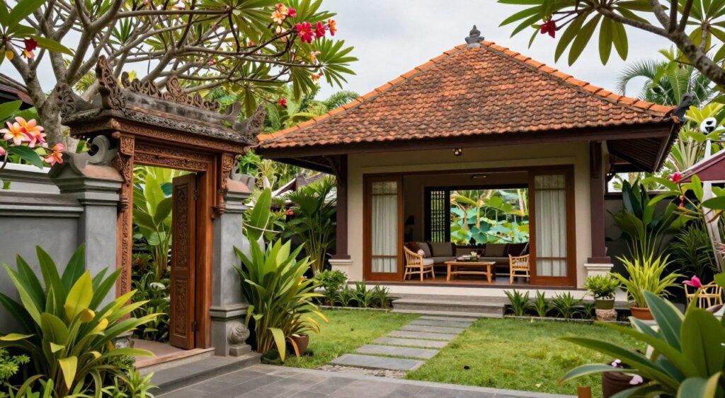 A traditional Balinese villa located in Sanur, surrounded by lush tropical gardens and vibrant frangipani trees. In the foreground, a beautifully carved wooden entrance with intricate designs leads into the villa, while a tranquil pathway winds through the greenery. The middle ground showcases the villa's terracotta roof and large open living area with bamboo furniture, bathed in soft, natural light that filters through wide, open doors. In the background, glimpses of a serene lotus pond can be seen, adding to the tranquil ambiance. The scene is captured from a low angle to emphasize the villa's architectural details, creating a warm and inviting atmosphere. The overall mood is peaceful and relaxing, representing the ideal retreat in Bali. A traditional Balinese villa located in Sanur, surrounded by lush tropical gardens and vibrant frangipani trees. In the foreground, a beautifully carved wooden entrance with intricate designs leads into the villa, while a tranquil pathway winds through the greenery. The middle ground showcases the villa's terracotta roof and large open living area with bamboo furniture, bathed in soft, natural light that filters through wide, open doors. In the background, glimpses of a serene lotus pond can be seen, adding to the tranquil ambiance. The scene is captured from a low angle to emphasize the villa's architectural details, creating a warm and inviting atmosphere. The overall mood is peaceful and relaxing, representing the ideal retreat in Bali.