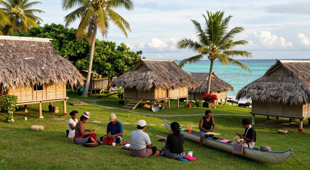 A traditional indigenous village in Yenatar, Raja Ampat, set against lush, tropical greenery. In the foreground, a group of villagers in modest clothing are engaged in cultural activities, such as weaving textiles and crafting canoes, showcasing their artisanal skills. The middle ground features bamboo huts with thatched roofs, surrounded by vibrant flowers and palm trees, illustrating the harmony between the community and nature. In the background, the brilliant turquoise waters of the surrounding sea sparkle under the late afternoon sun. The scene is captured with soft natural lighting to evoke a warm and welcoming atmosphere, using a wide-angle lens to provide a rich, immersive perspective that highlights the village's cultural significance in its environment.