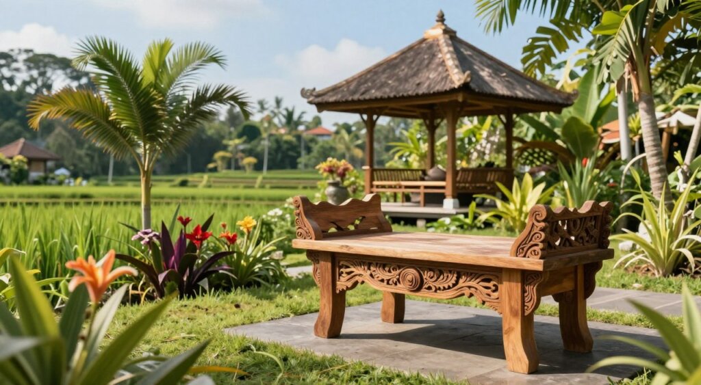 A tranquil Balinese garden scene showcasing the philosophy behind Bali style design. In the foreground, a beautifully constructed wooden furniture piece made from reclaimed teak, featuring intricate carvings that reflect natural motifs. The middle ground includes lush tropical flora, such as palm trees and vibrant flowers, creating a harmonious blend with the furniture. In the background, a traditional Balinese gazebo overlooks a serene rice terrace, under a clear blue sky. Soft, diffused sunlight filters through the leaves, casting gentle shadows and enhancing the natural color palette. The atmosphere is peaceful and inviting, evoking a sense of balance and connection to nature, with an overall composition that feels refined and at ease.