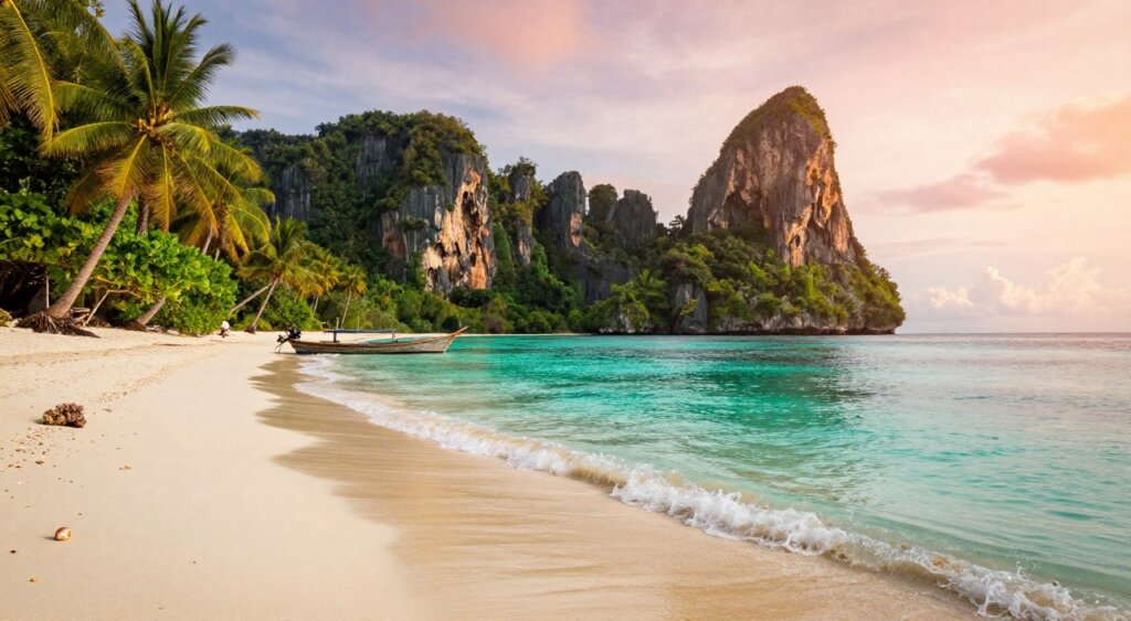 A tranquil Raja Ampat landscape during the off-peak season, showcasing lush green islands surrounded by crystal-clear turquoise waters. In the foreground, gentle waves lap against a smooth, sandy beach adorned with scattered seashells and delicate corals. The middle ground features a cluster of palm trees swaying lightly in a warm breeze, while a small wooden boat rests peacefully near the shore, hinting at solitude and exploration. The background displays magnificent limestone karsts rising dramatically from the sea, bathed in the soft golden light of a late afternoon sun. The sky is painted with pastel hues of pink and orange as the sun sets, creating a serene atmosphere. The image captures the mood of peaceful isolation and untouched natural beauty, reflecting the benefits of off-peak travel in this stunning tropical paradise.