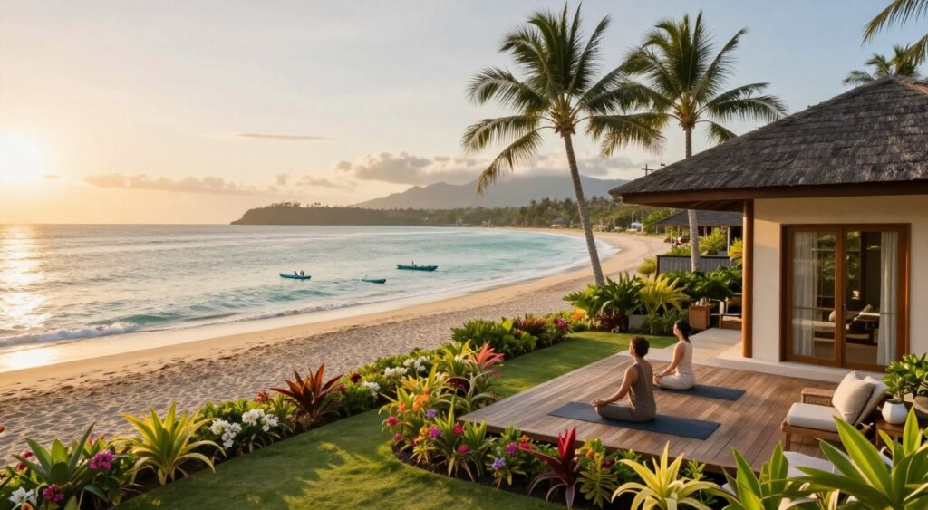 A tranquil beachfront scene showcasing luxurious villas in Sanur, Bali. In the foreground, a beautifully landscaped garden with tropical plants and colorful flowers borders the villas, which feature modern architecture and warm, inviting hues. A couple dressed in casual, modest clothing enjoys a sunrise yoga session on a wooden deck that extends toward the beach. In the middle ground, a pristine sandy beach leads to calm turquoise waters, with paddleboards and small boats gently bobbing in the waves. The background highlights the iconic Bali coastline, framed by lush palm trees and distant mountains under a soft, golden sunrise glow. Capture this idyllic atmosphere with natural lighting, a wide-angle lens, and a composition that conveys relaxation and leisure, reflecting the ultimate villa experience. A tranquil beachfront scene showcasing luxurious villas in Sanur, Bali. In the foreground, a beautifully landscaped garden with tropical plants and colorful flowers borders the villas, which feature modern architecture and warm, inviting hues. A couple dressed in casual, modest clothing enjoys a sunrise yoga session on a wooden deck that extends toward the beach. In the middle ground, a pristine sandy beach leads to calm turquoise waters, with paddleboards and small boats gently bobbing in the waves. The background highlights the iconic Bali coastline, framed by lush palm trees and distant mountains under a soft, golden sunrise glow. Capture this idyllic atmosphere with natural lighting, a wide-angle lens, and a composition that conveys relaxation and leisure, reflecting the ultimate villa experience.