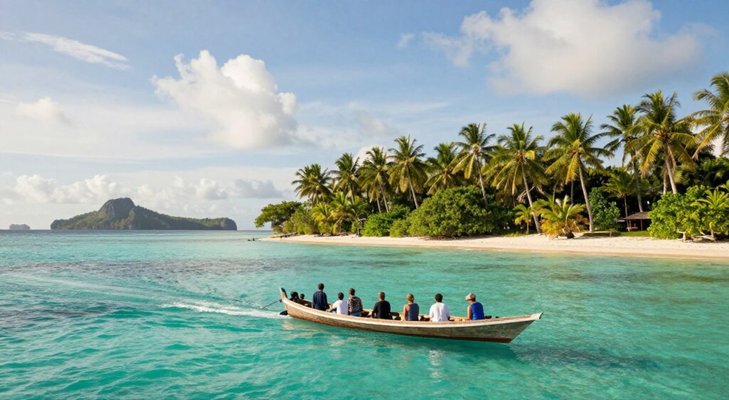 A tranquil coastal scene showcasing the journey to Wai Resort, Raja Ampat. In the foreground, a small wooden boat navigating through crystal-clear turquoise waters, carrying a diverse group of travelers dressed in modest casual clothing. In the middle ground, lush green islands dotted with palm trees stretch along the coastline, creating a serene contrast against the vibrant sea. The background features distant rocky cliffs and a soft blue sky with a few fluffy white clouds. The lighting is bright and warm, evoking a sense of adventure and tranquility. Capture this image from a slightly elevated angle to convey the vast beauty of the landscape, emphasizing the rich natural environment of Raja Ampat, inviting viewers to embark on their journey.