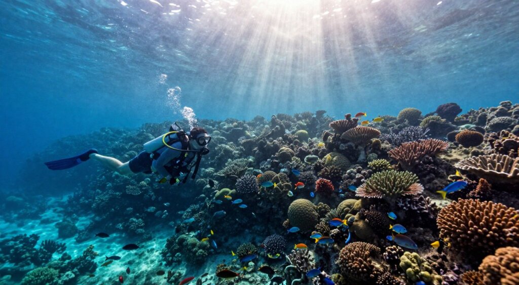 A tranquil dive site in Raja Ampat, captured in the early morning light, showcasing pristine coral reefs teeming with vibrant marine life. In the foreground, a diver clad in a modest wetsuit gracefully explores the underwater landscape, marveling at schools of colorful fish surrounding them. The middle ground features intricately shaped corals in shades of blue, green, and orange, creating a rich tapestry of textures. In the background, a serene underwater vista extends towards gentle light filtering down through the water's surface, illuminating the vibrant ecosystem below. The atmosphere is peaceful and inviting, embodying the allure of off-peak diving, free from crowds, and highlighting the untouched beauty of this remote location. The photo captures the essence of adventure and tranquility in superb detail, with carefully balanced lighting and a clear focus, reminiscent of National Geographic's high-quality image standards.