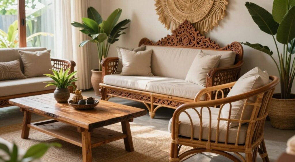 A tranquil indoor setting showcasing a stylish selection of Bali-style furniture. In the foreground, a wooden rattan chair with soft cushions, and a coffee table made from reclaimed teak, both adorned with tropical plants and decorative artifacts. In the middle, an elegantly arranged display of furniture, including a Bali-inspired sofa with intricate carvings and a bamboo console table, set against a backdrop of woven wall hangings. The background features expansive windows with sheer curtains allowing natural sunlight to pour in, creating a warm, inviting atmosphere. The image captures a serene and cozy mood, focusing on the beauty and craftsmanship of Bali furniture, with a soft depth of field and a slight angle that highlights the textures and colors.