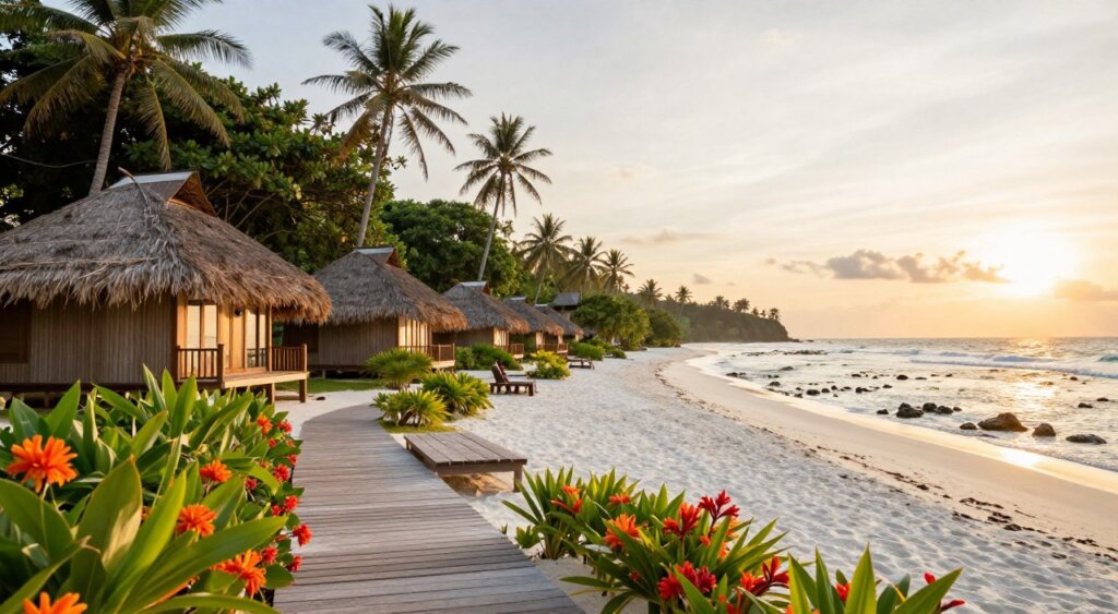 A tranquil scene of Gili Air's quiet retreat featuring charming beach bungalows nestled amongst lush greenery. In the foreground, vibrant tropical flowers surround a pathway leading to a wooden deck overlooking the pristine white sand beach. The middle ground showcases well-kept bungalows featuring thatched roofs and large windows that invite natural light. In the background, gentle waves lapping against coral reefs are complemented by a setting sun casting a warm, golden light over the landscape. Capture the serene atmosphere with soft focus, using a wide-angle lens to encompass the beauty of nature, evoking a sense of relaxation and serenity. The image should reflect a peaceful and picturesque escape, ideal for a tranquil getaway.