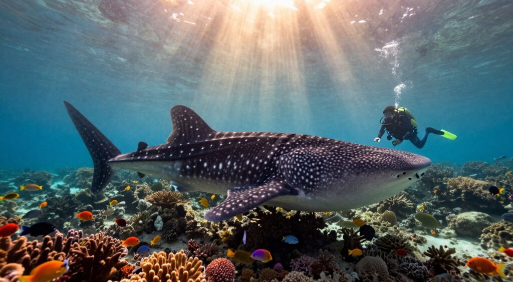A tranquil underwater scene depicting a large whale shark gliding gracefully through the vibrant coral reefs of Indonesia. In the foreground, the whale shark, characterized by its unique spotted pattern, showcases its majestic presence. Surrounding the shark are small schools of colorful tropical fish, illustrating the rich biodiversity of the marine habitat. In the middle ground, marine conservationists in professional diving gear gently interact with the environment, demonstrating efforts to protect and study these magnificent creatures. The background reveals a sun-drenched surface, filtering soft, golden rays into the water, creating an ethereal atmosphere. Shot with a wide-angle lens to capture the grandeur of the scene, the mood conveys a sense of harmony and environmental stewardship, emphasizing the importance of conservation efforts for whale sharks in Indonesia.