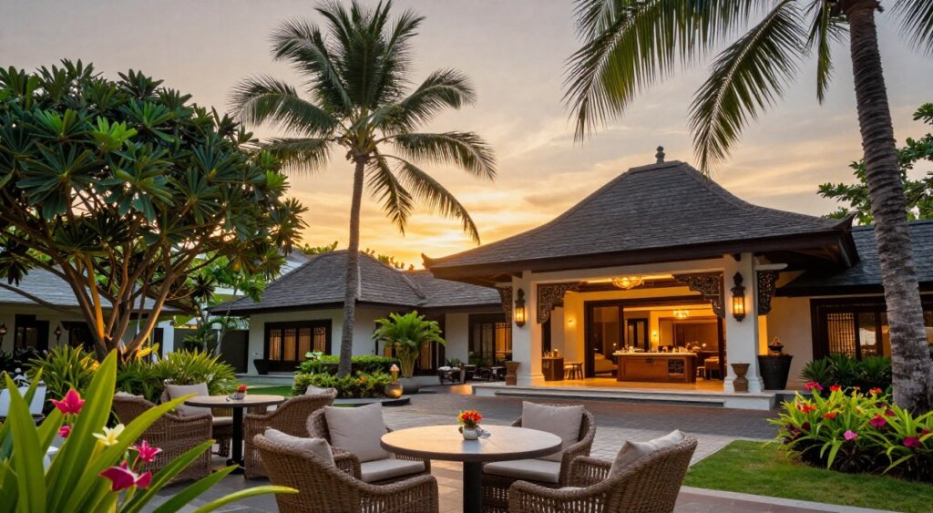A tranquil view of Seminyak Square Boutique Hotel, featuring lush tropical landscaping and elegant Balinese architecture. The foreground showcases a beautifully arranged outdoor seating area with wicker chairs and vibrant flowers, inviting guests to relax. In the middle, the hotel's entrance is adorned with intricate carvings and soft ambient lighting that creates a warm and welcoming atmosphere. The background features palm trees swaying gently in the breeze, silhouetted against a stunning sunset that casts a golden hue across the sky. Capture this scene with a shallow depth of field to emphasize the hotel’s details, using soft, natural lighting to highlight the serene ambiance. The mood is peaceful and inviting, reflecting the essence of a luxurious retreat.