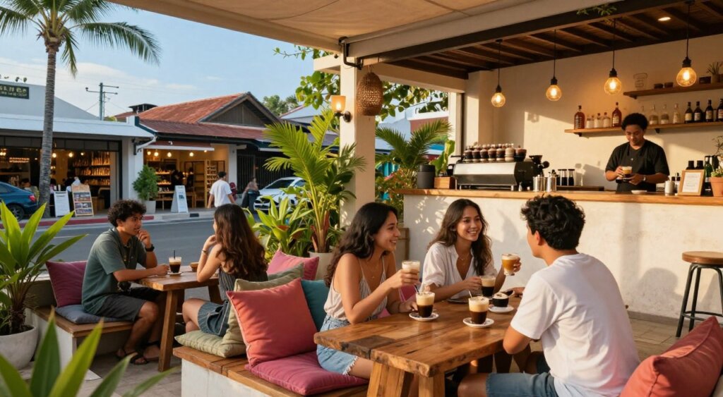 A trendy coffee shop on Seminyak Eat Street, featuring cozy outdoor seating with rustic wooden tables and colorful cushions. In the foreground, patrons enjoy their drinks, dressed in stylish casual attire, engaged in lively conversation, while a barista prepares espresso behind the counter. The middle layer showcases vibrant green plants and decorative lights creating a warm, inviting atmosphere. In the background, the bustling street is lined with boutique stores and palm trees under a bright blue sky. The scene is bathed in soft, golden afternoon light, captured from a low angle to emphasize the lively café culture. The mood is relaxed yet vibrant, embodying the essence of Seminyak's unique coffee scene.