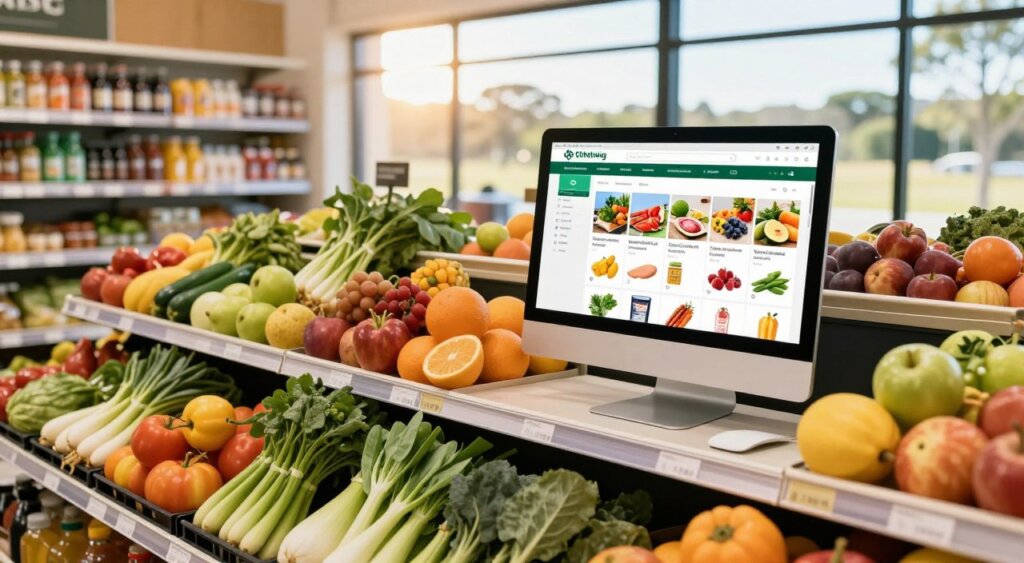A vibrant Australian online grocery store scene, showcasing a diverse array of fresh produce and pantry items, with colorful fruits and vegetables in the foreground displayed on smart shelves. The middle ground features a sleek computer interface where customers are browsing through various grocery categories, highlighting convenience and accessibility. In the background, a sunny Australian landscape can be seen through large glass windows, suggesting a warm atmosphere. The lighting is bright and cheerful, simulating natural sunlight flooding in, which enhances the inviting ambiance of the store. Capture this scene from a slightly elevated angle, focusing on the interaction between technology and grocery shopping, embodying a modern, efficient shopping experience. A vibrant Australian online grocery store scene, showcasing a diverse array of fresh produce and pantry items, with colorful fruits and vegetables in the foreground displayed on smart shelves. The middle ground features a sleek computer interface where customers are browsing through various grocery categories, highlighting convenience and accessibility. In the background, a sunny Australian landscape can be seen through large glass windows, suggesting a warm atmosphere. The lighting is bright and cheerful, simulating natural sunlight flooding in, which enhances the inviting ambiance of the store. Capture this scene from a slightly elevated angle, focusing on the interaction between technology and grocery shopping, embodying a modern, efficient shopping experience.