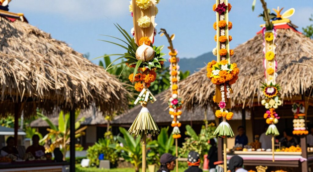 A vibrant Balinese festival scene featuring traditional thatched roof decorations intricately adorned with colorful flowers, bamboo, and ceremonial offerings. In the foreground, delicate garlands crafted from fresh coconut leaves and bright marigolds sway gently in the breeze. The middle section showcases the thatched roofs of traditional Balinese houses, with a lush green garden adding to the festive atmosphere. The background reveals a clear blue sky, with a hint of distant mountains peeking through the foliage. The scene is bathed in warm, natural sunlight, creating a joyous and inviting mood. An emphasis on textures highlights the craftsmanship of the thatch and decorations. Capture this moment with a shallow depth of field to focus on the details of the decorations while softening the background.