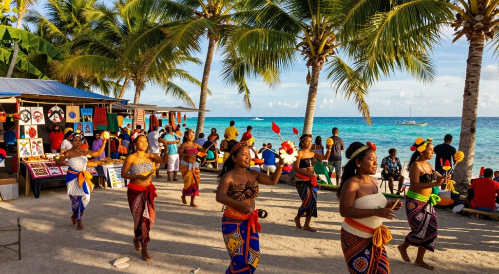 A vibrant Gili Islands cultural festival scene takes center stage, showcasing a lively gathering of locals dressed in colorful traditional attire, engaging in dance under a canopy of tropical palm trees. In the foreground, a group of smiling participants in modest clothing hold handcrafted decorations and wear brightly patterned sarongs, their faces illuminated by warm golden sunlight. The middle ground captures a bustling market area with stalls displaying local crafts, food, and artwork, surrounded by tourists enjoying the festivities. In the background, the stunning turquoise waters of the Gili Islands glisten under a clear blue sky, with distant silhouettes of boats gently bobbing. The atmosphere is joyous and celebratory, conveying the essence of community spirit and cultural pride, all presented in a professional, photojournalistic style resembling National Geographic imagery.